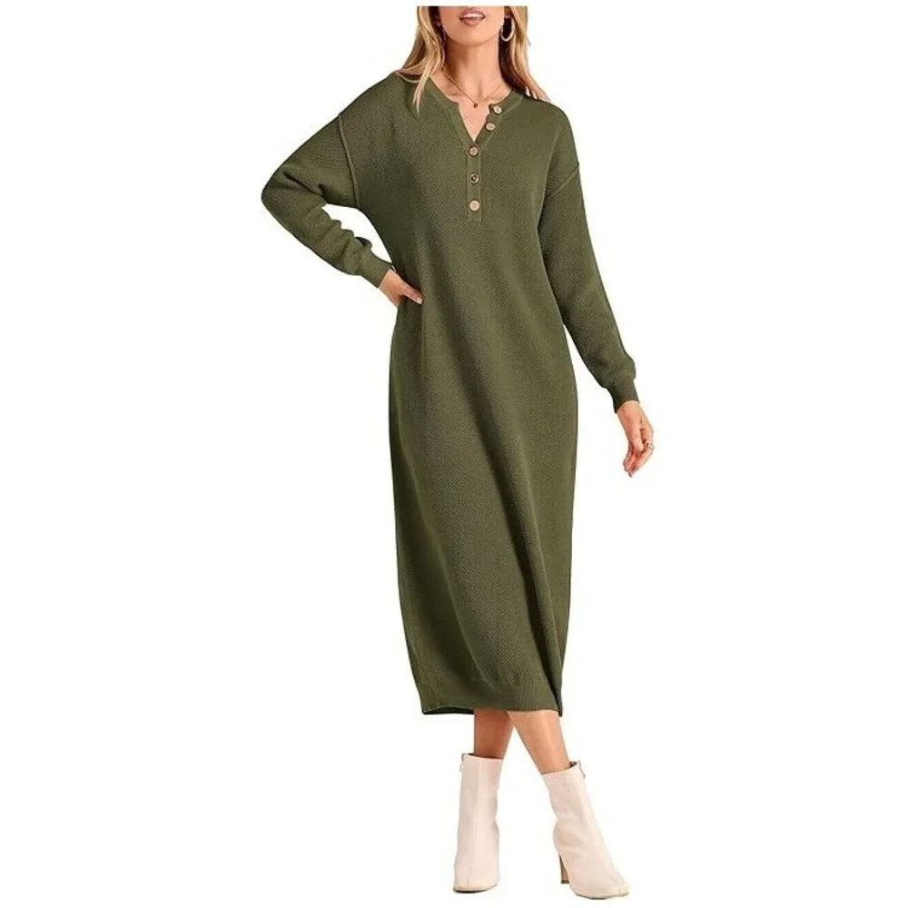 Flamingals Women's Fall Knit Sweater Dress Long Sleeve Button V Neck Loose Casua - Picture 2 of 5